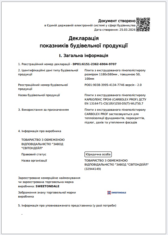 Декларація показників будівельної продукції HYDROBASE STANDARD П (EПП)2,5