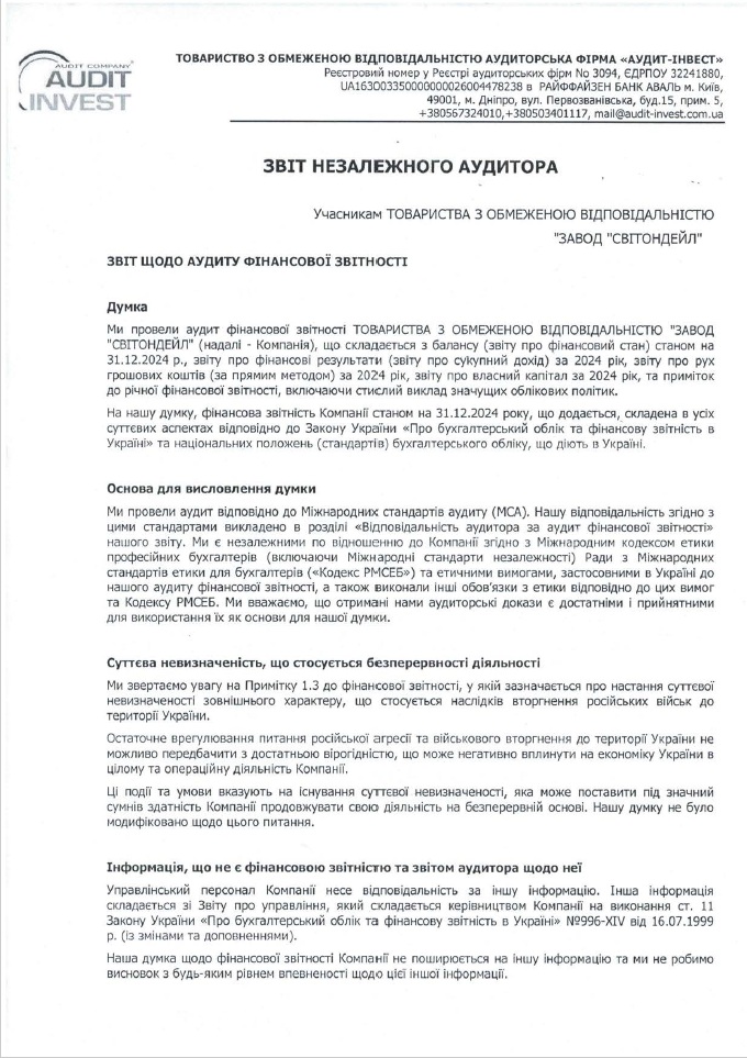 ЗВIТ НЕЗАЛЕЖНОГО  АУДИТОРА ТОВ "ЗАВОД "СВІТОНДЕЙЛ" 2024р.